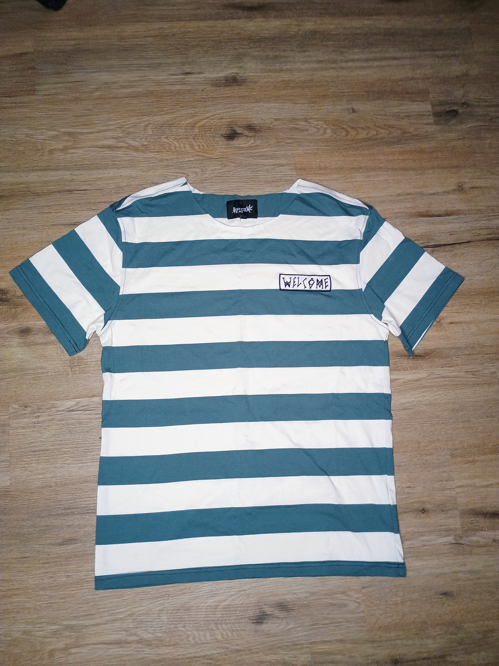 Striped Crew Tee in Teal and White